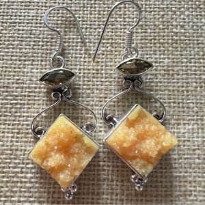 New Yellow Druzy Crystal and Sim Citrine Stone Silver Overlay Earrings